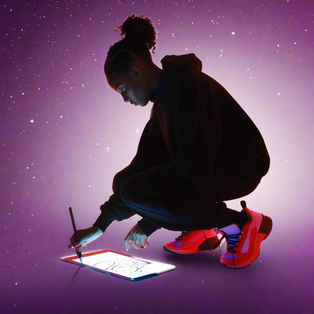 Person using a stylus on a digital tablet with a starry night sky background